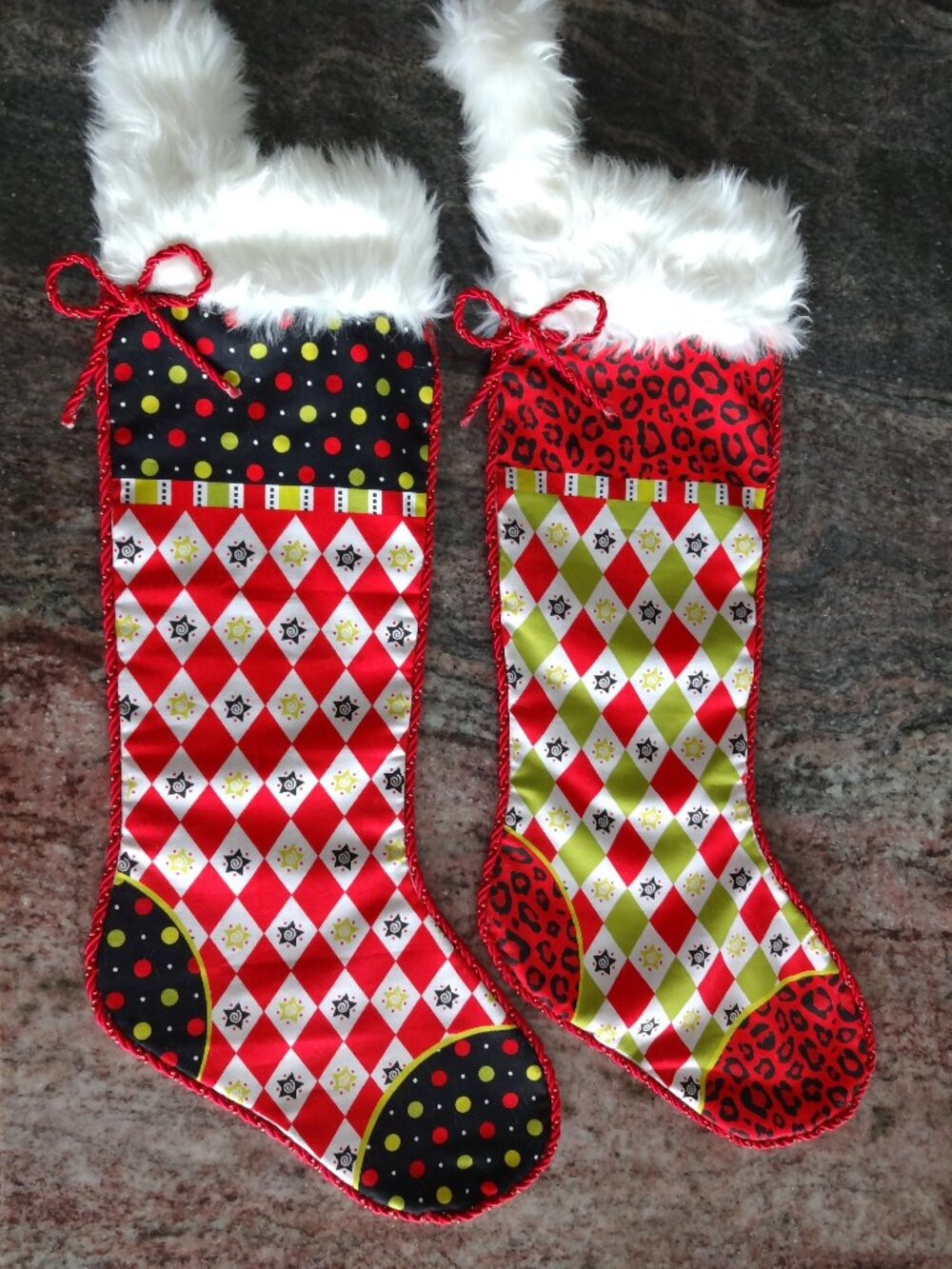 Handmade Two Whimsical Holiday Christmas Stockings with White Faux Fur Cuff